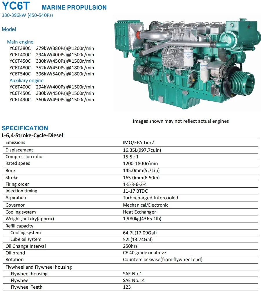 Motor marino Yuchai, Yc6t480c, 1800 rpm, 480 HP, bomba mecánica de inyección de combustible