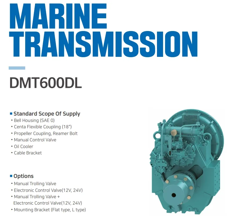 Caja de cambios marina D-I Dmt600dl para barcos, servicio pesado, tipo de 4 rodamientos de empuje, relación 3.02, 3.28, 3.56, 4.07, 4.48, 4.95