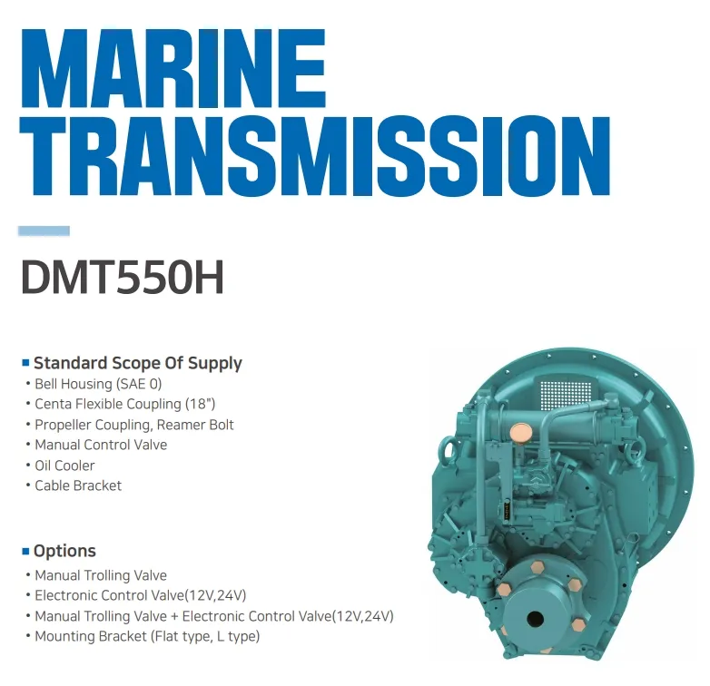 Caja de cambios de transmisión marina pesada Dmt550h Korea D-I, caja de cambios Di China de alto rendimiento, relación 1.43/1.64/1.81/2.03/2.33/2.6/2.91 con acoplamiento flexible Centa