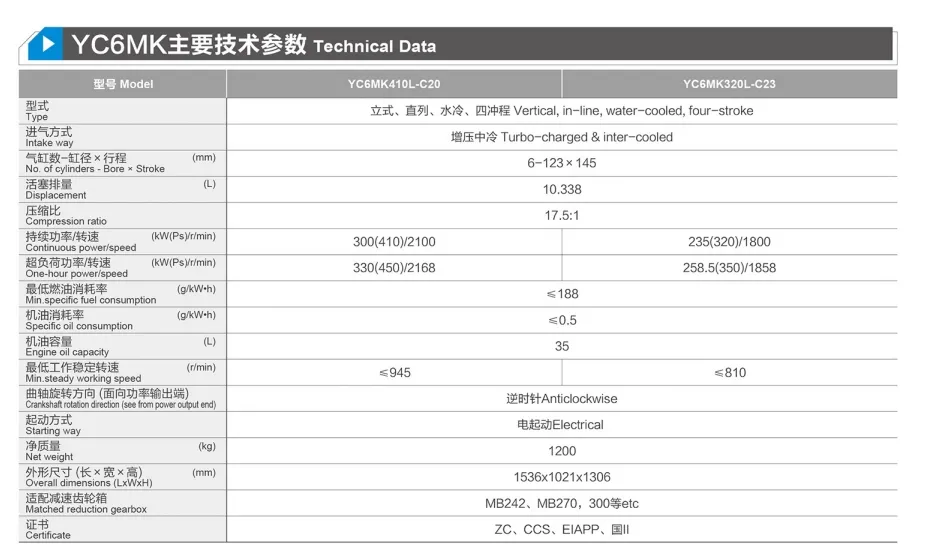 Motor marino Yuchai YC6MK de China para motores diésel de embarcaciones eficientes de 260/280/300/320/330/350/410 HP, 1500 rpm/1800 rpm/2100 rpm